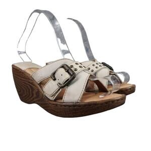 Born Shoes Women 8 Sandal Slide Wedge Leather Fashion Comfort Buckle Strap White